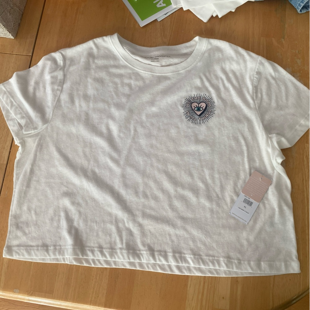 Spiritual Gangster Women's Graphic White Short Sleeve Crop T-Shirt Size XL